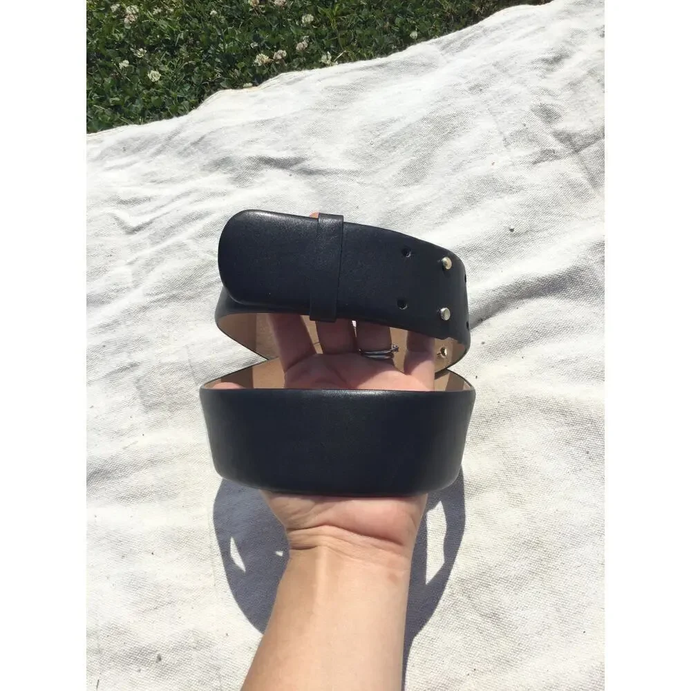 Vtg ann taylor womens wide dress belt L Large black leather boho double studed